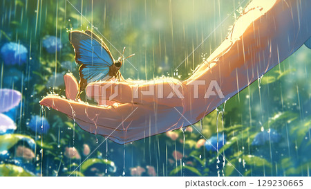 Rain and butterfly on fingertips, anime style 129230665