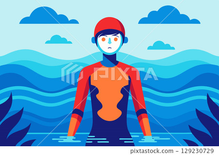 Blue sea,diver is ready to dive into the deep water Blue sea,diver is ready to dive into the deep water 129230729