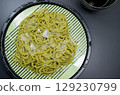 Dried Uji tea soba noodles served in a cold soba noodle dish 129230799