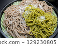 Uji tea soba and regular dried soba noodles served in a cold soba noodle dish. 129230805