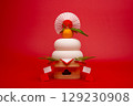 Photo with “Kagami-mochi” placed in the center, red background, low three treasures (pedestal) 129230908