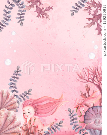 Watercolor underwater postcard for birthday girl with mermaid tail for party invitation card. 129230915