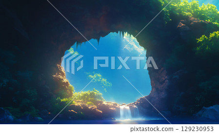Water flows from a rock wall with a round hole, cartoon style 129230953