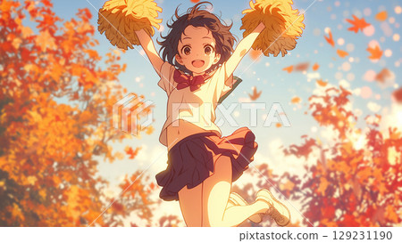 秋葉和可愛的啦啦隊女孩跳躍,動漫風格 秋葉和可愛的啦啦隊女孩跳躍,動漫風格 129231190