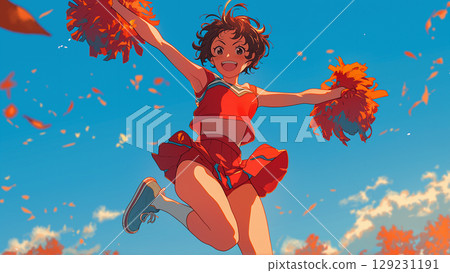 可愛的啦啦隊女孩在飄落的秋葉中跳躍，動漫風格 129231191