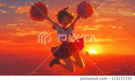 可愛的啦啦隊女孩在日落城市背景下跳躍，動漫風格 129231195
