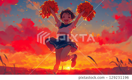 可愛的啦啦隊女孩在日落草地上跳躍,動漫風格 可愛的啦啦隊女孩在日落草地上跳躍,動漫風格 129231196