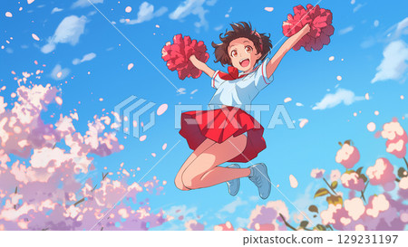 櫻花和可愛的啦啦隊女孩跳躍,動漫風格 櫻花和可愛的啦啦隊女孩跳躍,動漫風格 129231197