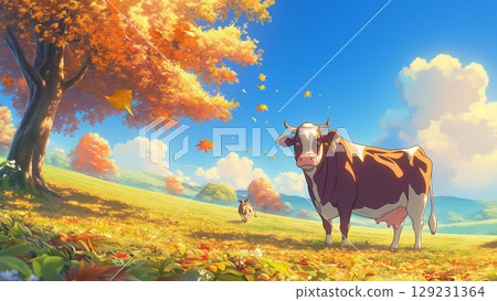 Cows on the autumn meadow, cartoon style Cows on the autumn meadow, cartoon style 129231364