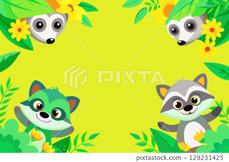Four children toy raccoons in a green yellow frame 129231425