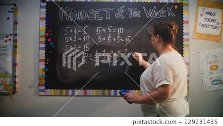 Female Teacher Writing Multiplication Table on Chalkboard, Teaching Primary School Students Female Teacher Writing Multiplication Table on Chalkboard, Teaching Primary School Students 129231435