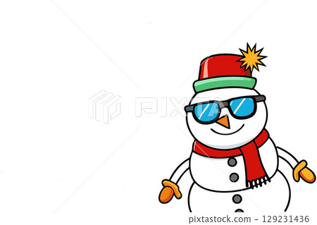 Winter joy.Smiling snowman in sunglasses 129231436