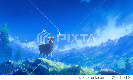 黃昏時分,鹿站在岩石山上,卡通風格 黃昏時分,鹿站在岩石山上,卡通風格 129231710
