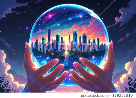 Illustration of a crystal ball held up in both hands, showing a future city 129231810