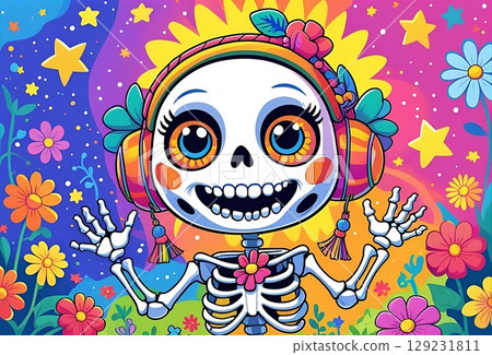 A cheerful illustration of a cute skeleton wearing headphones A cheerful illustration of a cute skeleton wearing headphones 129231811