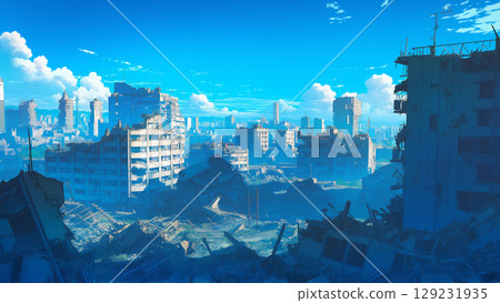 夏日藍天與廢墟城市,動漫風格 夏日藍天與廢墟城市,動漫風格 129231935