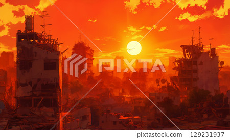 A ruined city dyed red by the sunset, anime style A ruined city dyed red by the sunset, anime style 129231937