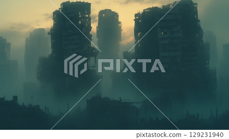 動漫風格的霧氣籠罩的廢墟城市 動漫風格的霧氣籠罩的廢墟城市 129231940