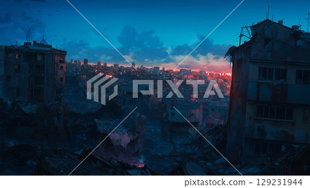 動漫風格的廢墟城市，夕陽西下 129231944