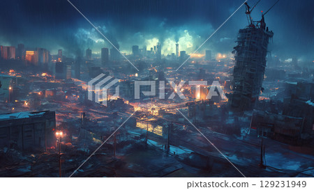 動漫風格的烏雲籠罩下的廢墟城市 129231949
