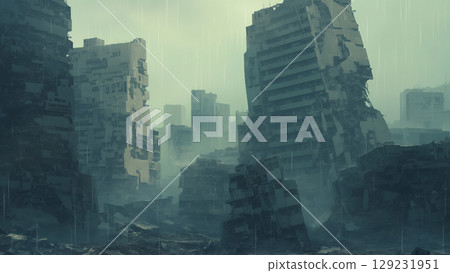 動漫風格的雨中廢墟城市 129231951