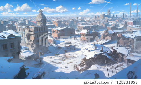 動漫風格的冰雪覆蓋的廢墟城市 129231955