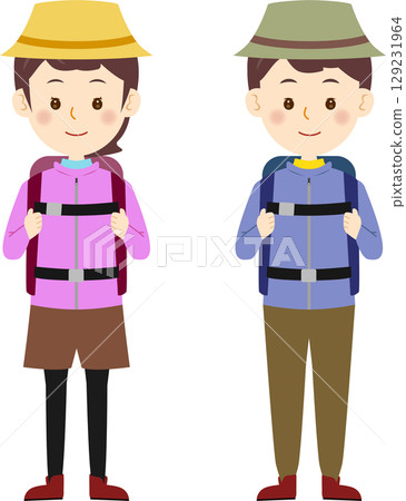 Full-body illustration of a man and woman climbing a mountain Full-body illustration of a man and woman climbing a mountain 129231964