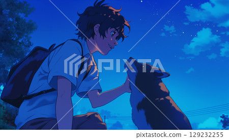 Dog and boy at night, anime style 129232255