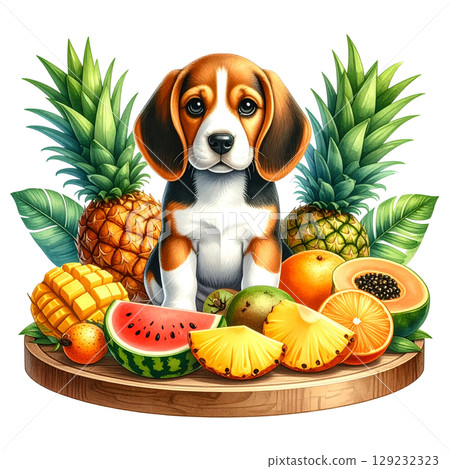 被熱帶水果包圍的小獵犬小狗 1 / 傳單和海報材料 被熱帶水果包圍的小獵犬小狗 1 / 傳單和海報材料 129232323