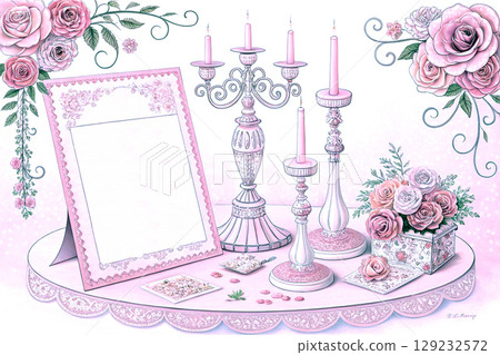 In pink bright tones.Frame for congratulation text.flowers,candlesticks In pink bright tones.Frame for congratulation text.flowers,candlesticks 129232572