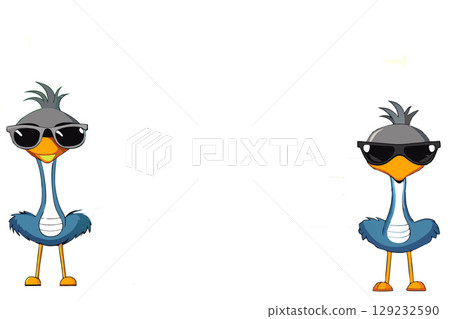 Two funny ostrich in sunny eyes by sides on white 129232590