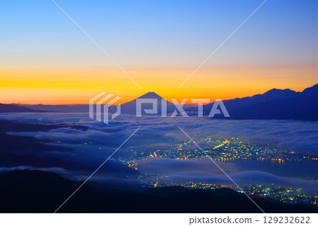 Mt. Fuji over Lake Suwa from Mt. Takabotchi 129232622