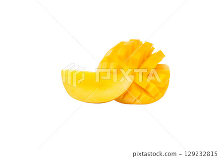 Vibrant yellow sliced mango, uniquely shaped, isolated on white, PNG 129232815