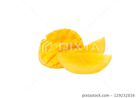 Colorful fresh mango, sliced in wedges, isolated on white, PNG 129232816