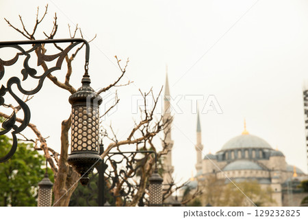Istanbul, Turkey, July 11, 2025: Lantern adorns tree branches with a mosque backdrop Istanbul, Turkey, July 11, 2025: Lantern adorns tree branches with a mosque backdrop 129232825