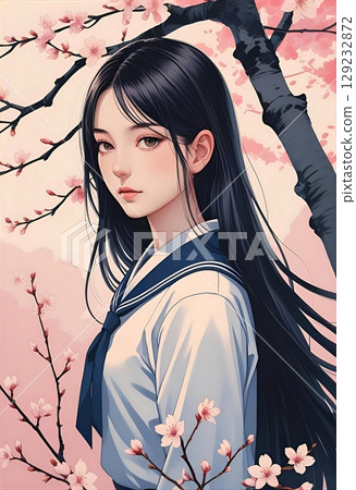 一位穿著制服的女高中生站在櫻花下的肖像插圖，一位TRPG角色 129232872