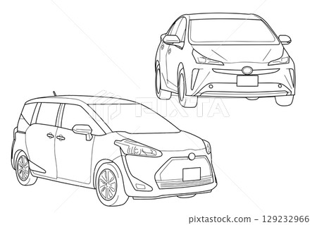 Line drawings of cars viewed from different angles 129232966
