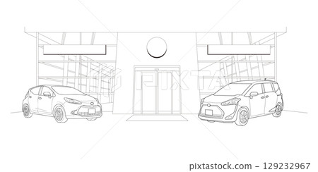 汽車展廳前展示的兩輛汽車的線畫 129232967