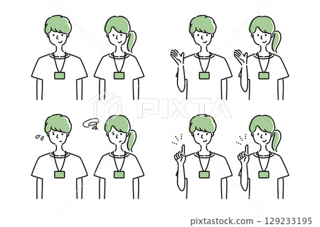 一組清新簡潔的線條畫向量圖標，包含各種表情和姿勢的男女員工 129233195