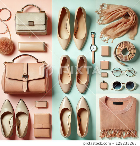 Colorful background image with fashion shoes, bags and accessories 129233265