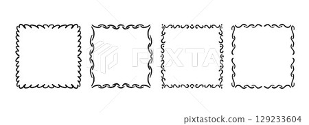 Square hand drawn wavy frame set. Black ribbon border collection. Vector doodled lace cadre frame bundle. Curved squiggly border pack for invitation, wedding party, birthday, greeting card design 129233604