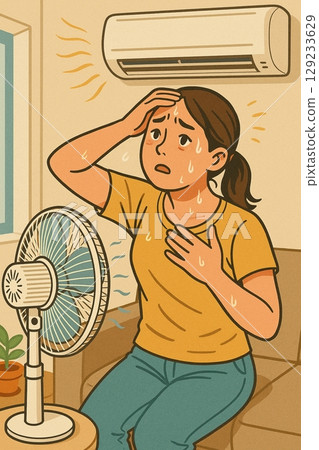 A sweaty woman using both an air conditioner and an electric fan 129233629