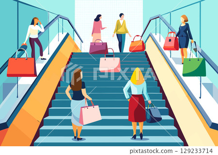 Shopping. Many active young women goes with bags to the store 129233714