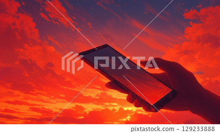 Bright red sunset sky and hand holding smartphone, anime style 129233888