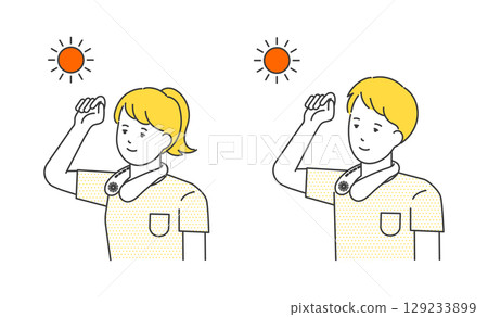 Image illustration material set of men and women wearing neck coolers to protect against the summer heat 129233899