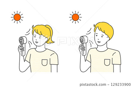 圖像插圖素材集的男女手持方便扇子來抵禦夏日的炎熱 129233900