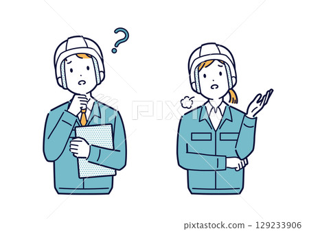 穿著工作服的男人和女人思考和擔憂的插圖 穿著工作服的男人和女人思考和擔憂的插圖 129233906