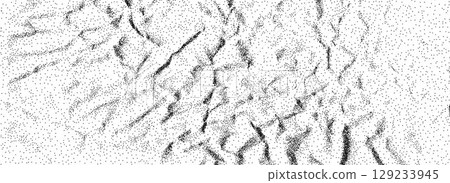 Black stippled crumpled paper texture. Rough dotted wrinkled background. Gritty creased paper concept backdrop. Aged damaged gritty sand overlay. Noisy grainy notebook page wallpaper. Vector Black stippled crumpled paper texture. Rough dotted wrinkled background. Gritty creased paper concept backdrop. Aged damaged gritty sand overlay. Noisy grainy notebook page wallpaper. Vector 129233945