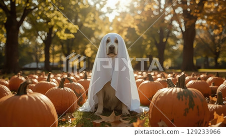 Dog covered with a white sheet resembling a ghost, surrounded by pumpkins in a vibrant autumn park, capturing a playful Halloween spirit 129233966