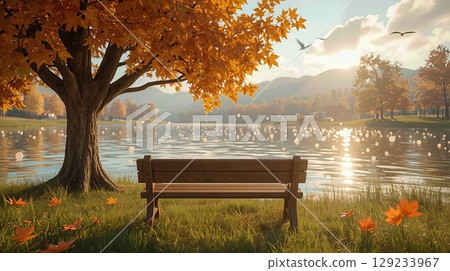 Serene park scene featuring a wooden bench under a vibrant orange tree by a tranquil lake, creating a peaceful autumn atmosphere for relaxation and reflection 129233967